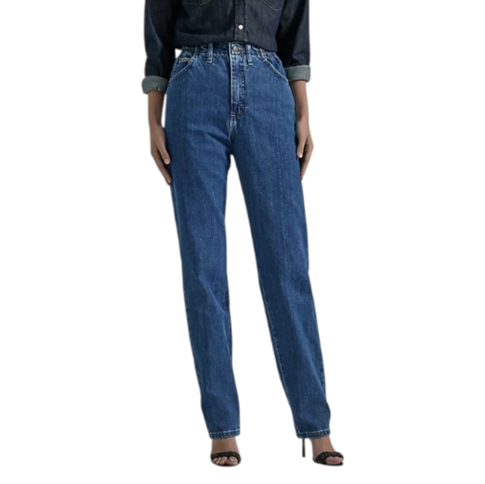 12 M Lee Women's Relaxed Fit Side Waist Elastic Tapered Leg Jeans Mid Rise Blue